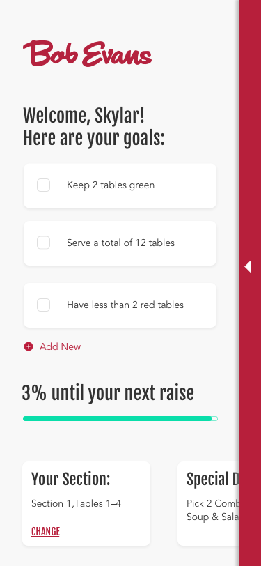 App landing page showing server's goals, important messages, and progress towards their next raise.