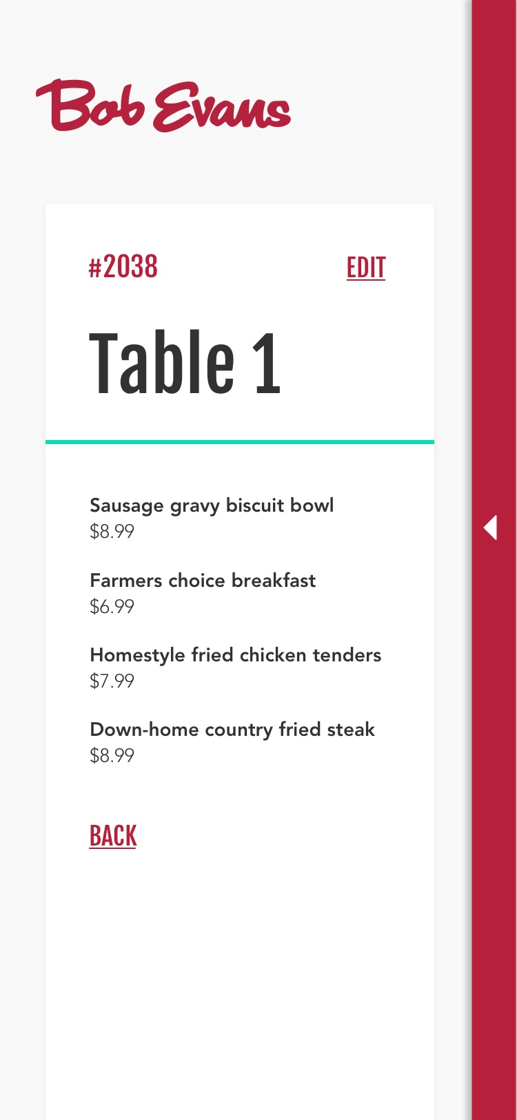 App screen showing an individual table's order.