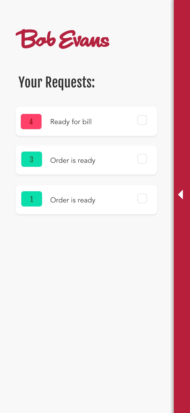 App screen showing individual tables' requests.