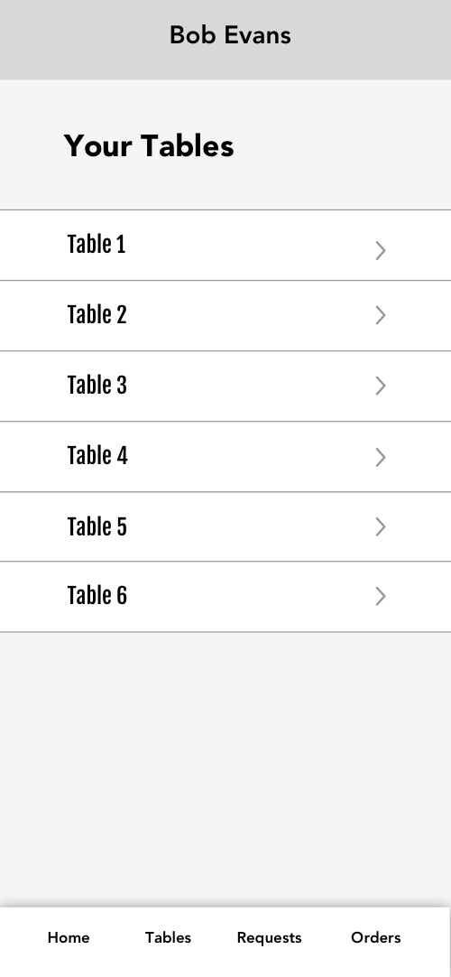 App wireframe showing a server's tables.