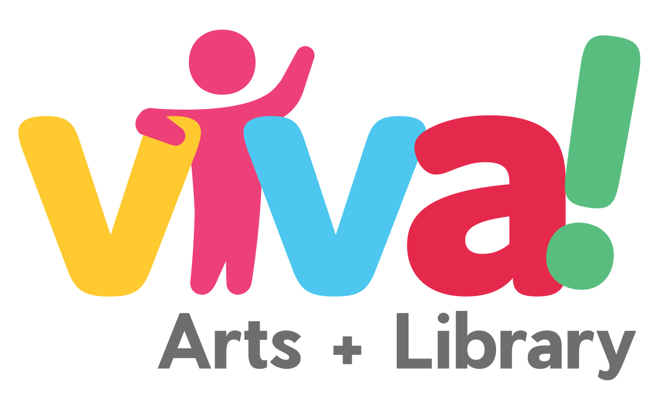 Bubbly type with cartoon spelling Viva Arts + Library.