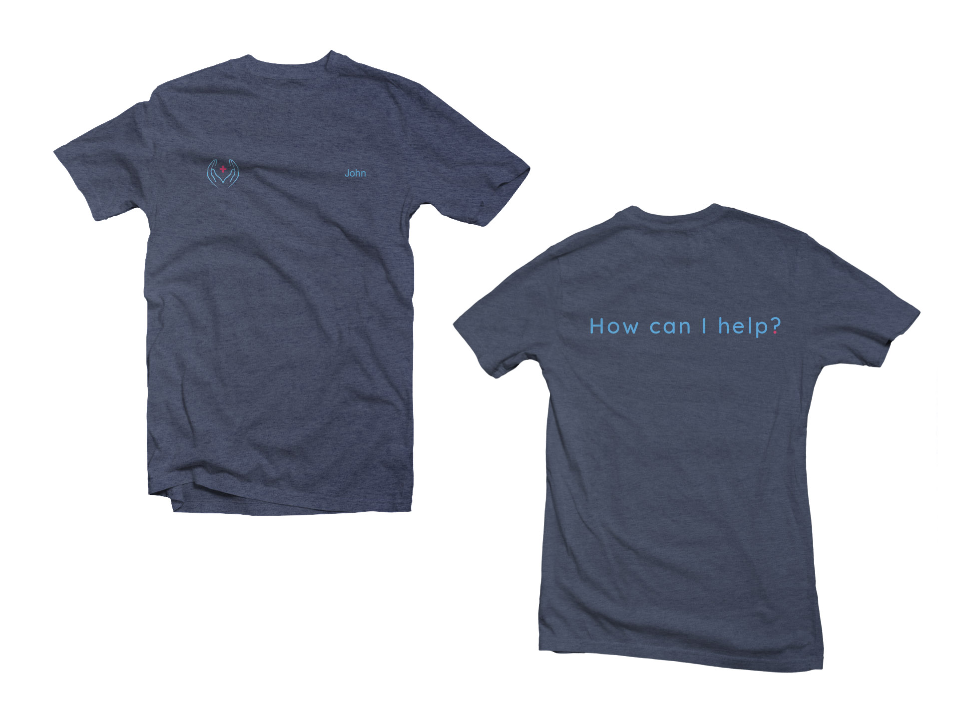 Navy shirts with Helping Hands logo, volunteer's name, and How Can I Help on the back.